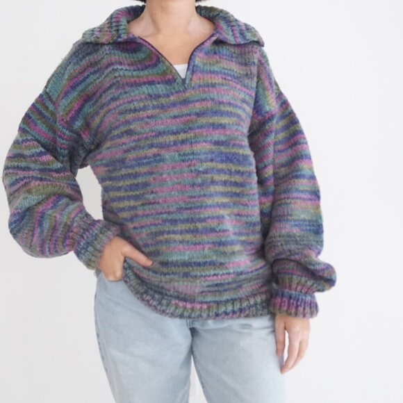 Sweaters - Handmade Pink Purple Wool Blend Knit Quarter Zip Sweater L